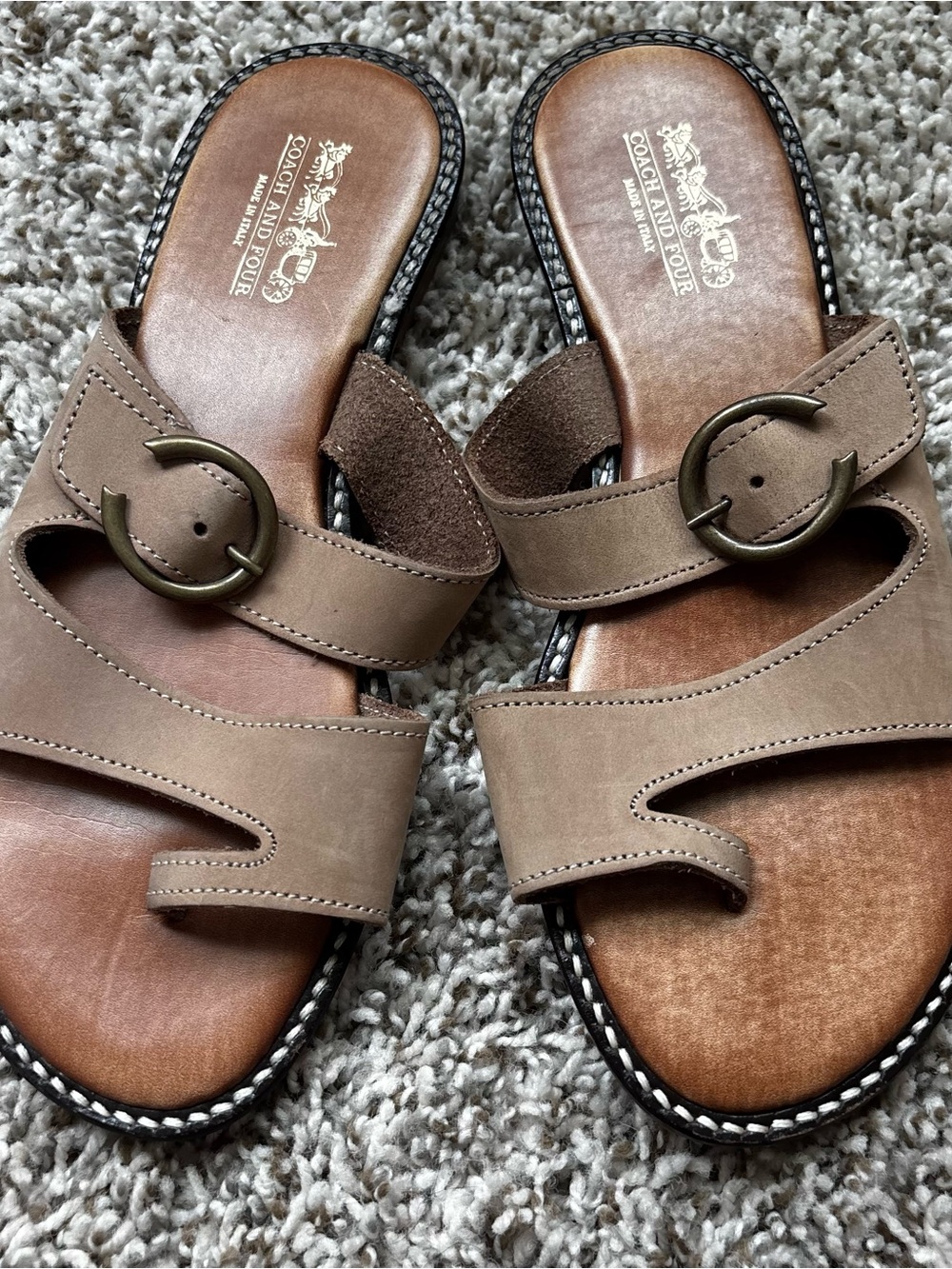 Coach Neutral Taupe Leather Slide Sandals with Buckle